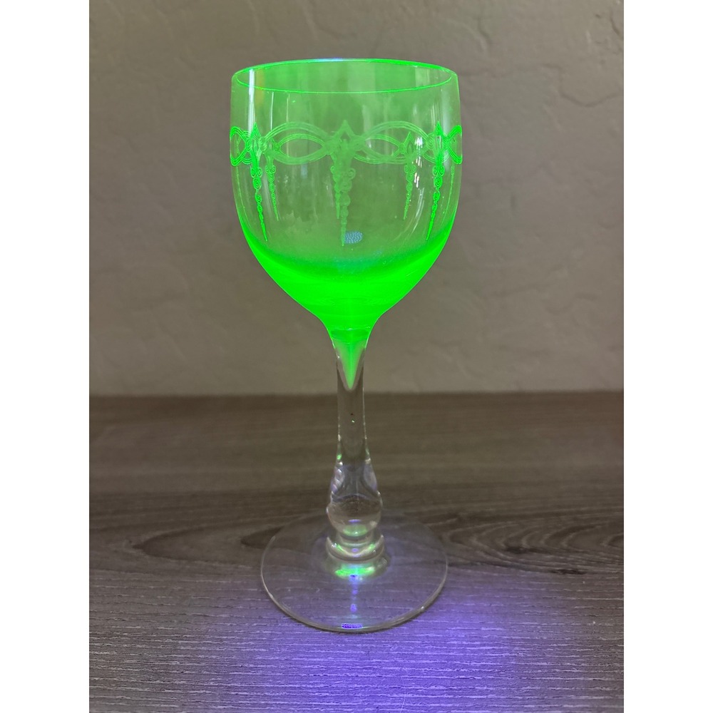 Vintage Uranium Glass Etched Wine Goblet Vaseline Glass Glow Clear Stemware 6.5"